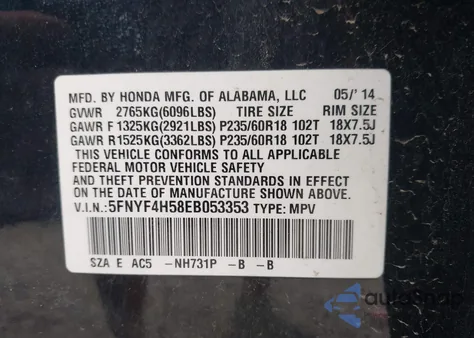 2014 Honda Pilot Ex-L from USA, damaged, VIN 5FNYF4H58EB053353